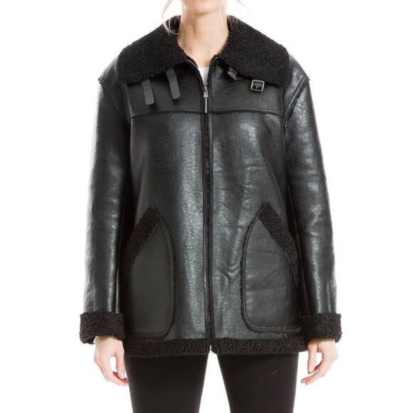 Max Studio Black Faux Leather Zip Front Jacket Sherpa Lined Buckle Size M NWT - Picture 1 of 14